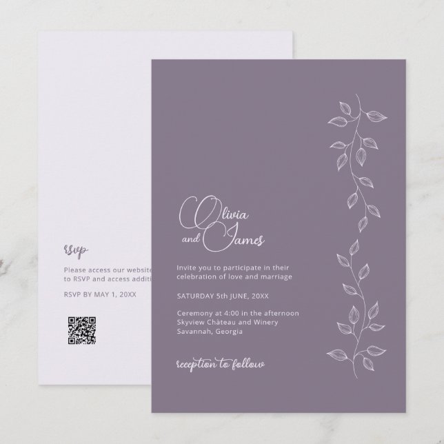 BUDGET Dark Violet Wedding Invitation with QR Code (Front/Back)