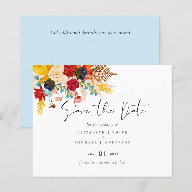 Budget Deep Red Blue Teal Cinnamon Save the Date (Front/Back)