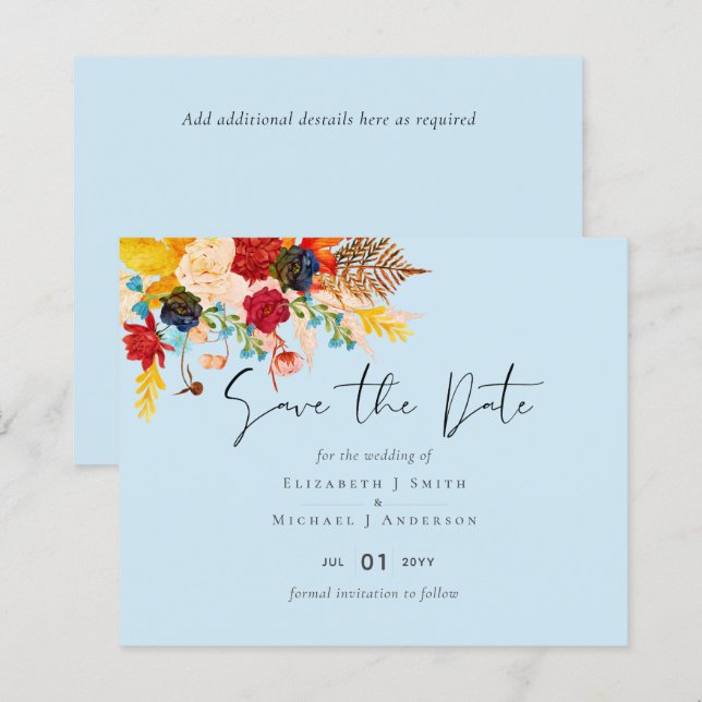 Budget Deep Red Blue Teal Cinnamon Save the Date (Front/Back)