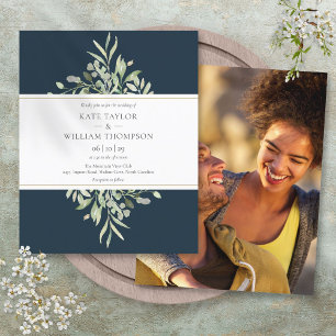 Budget Deep Sea Blue Greenery Wedding Photo Invite