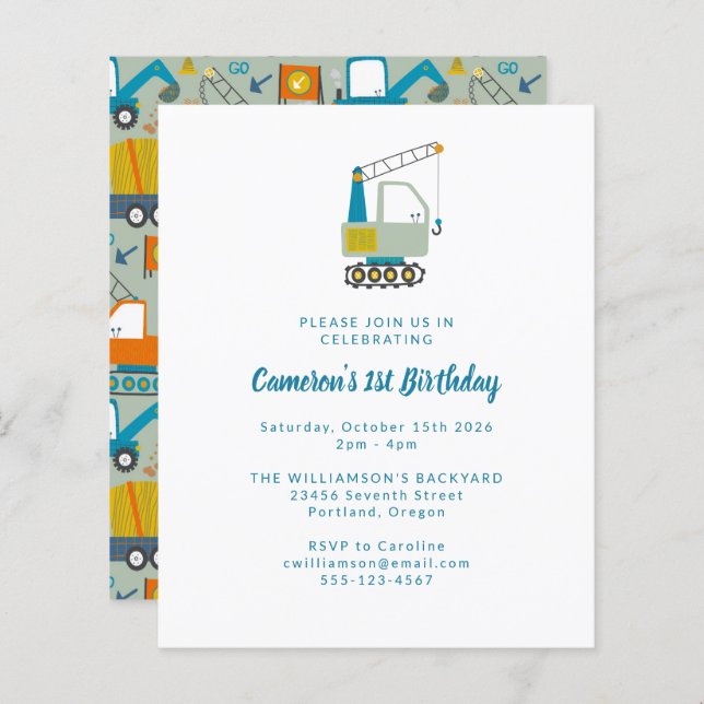 Budget Diggers Trucks Blue 1st Birthday Invitation (Front/Back)