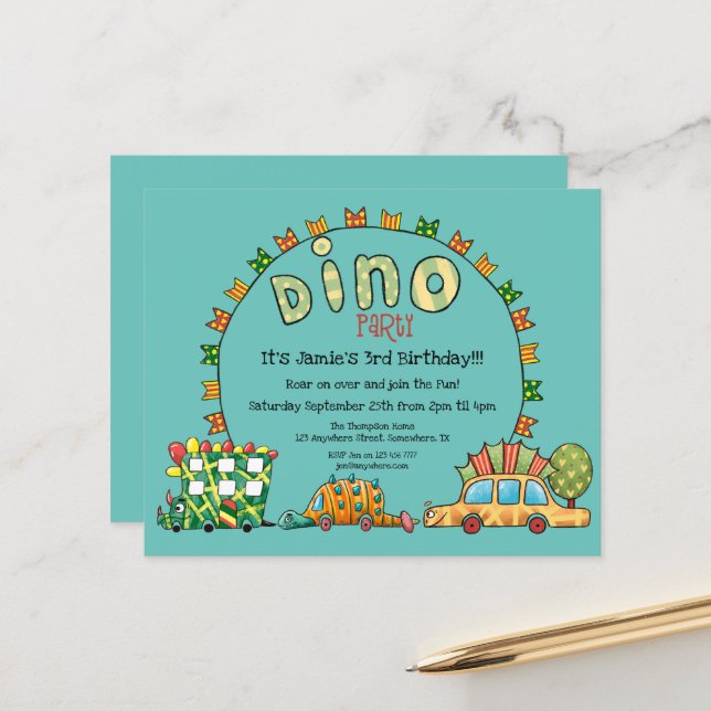 Budget Dino Cars Dinosaur Boys Birthday Invitation (Front/Back In Situ)