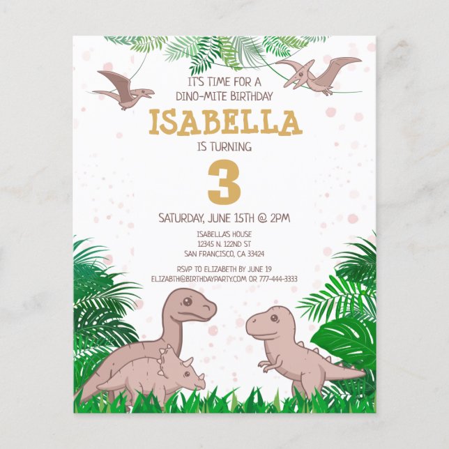 Budget Dinosaur Kids Dino Girl Birthday Invitation (Front)