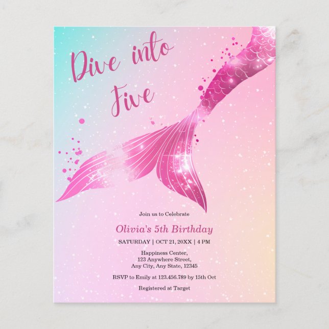 Budget Dive into Five Mermaid 5th Birthday Invite  (Front)