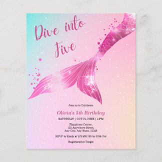 Budget Dive into Five Mermaid 5th Birthday Invite