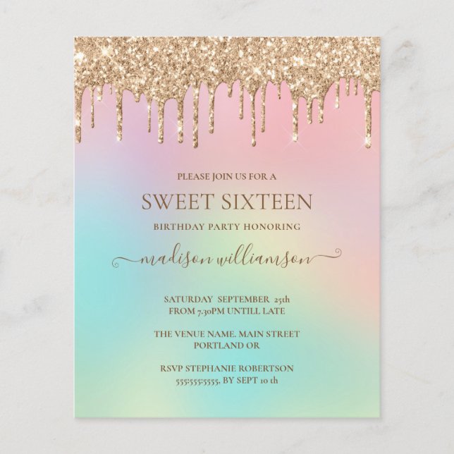  Budget Dripping Gold Glitter & Rainbow Sweet 16  (Front)