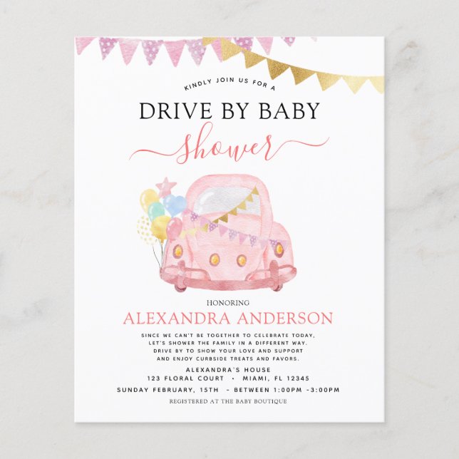 Budget Drive By Baby Shower Blush Pink Flyer (Front)