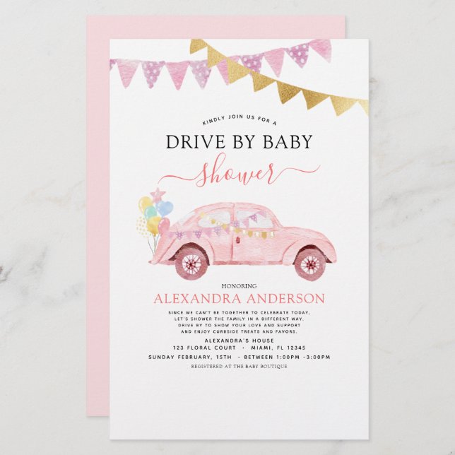 Budget Drive By Baby Shower Blush Pink Gold Foil (Front/Back)