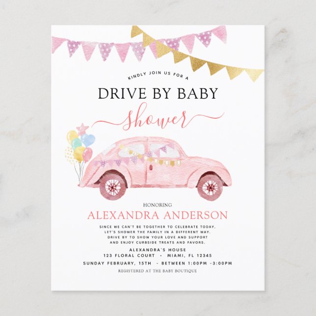 Budget Drive By Baby Shower Blush Pink Gold Foil Flyer (Front)
