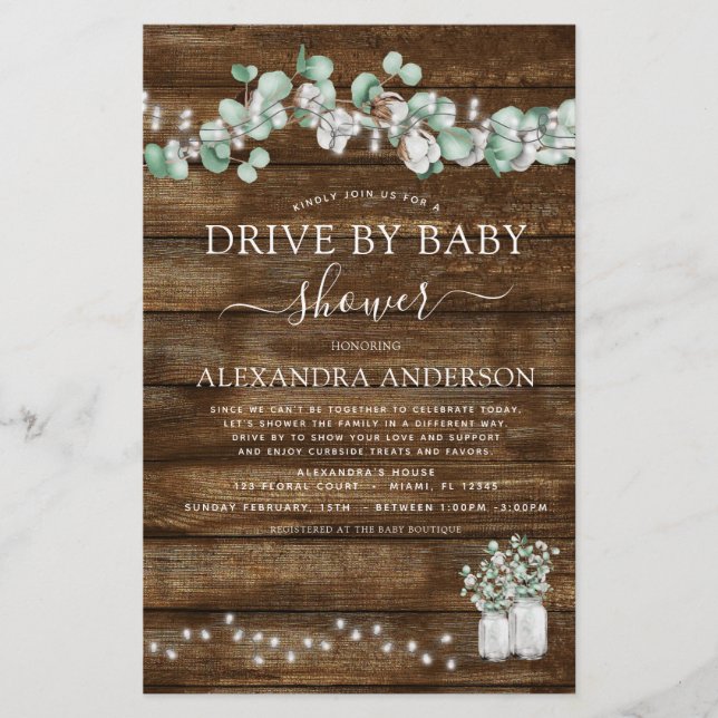 Budget Drive By Baby Shower Eucalyptus Rustic Wood (Front)