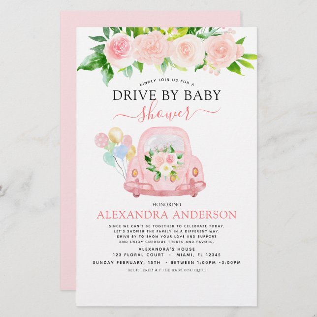 Budget Drive By Baby Shower Floral Blush Pink (Front/Back)