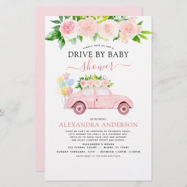 Budget Drive By Baby Shower Floral Blush Pink (Front/Back)
