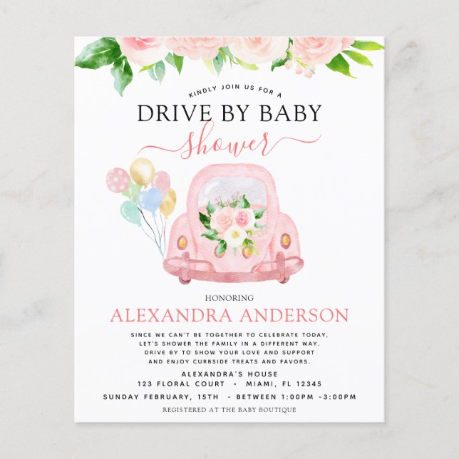 Budget Drive By Baby Shower Floral Blush Pink Flyer (Front)