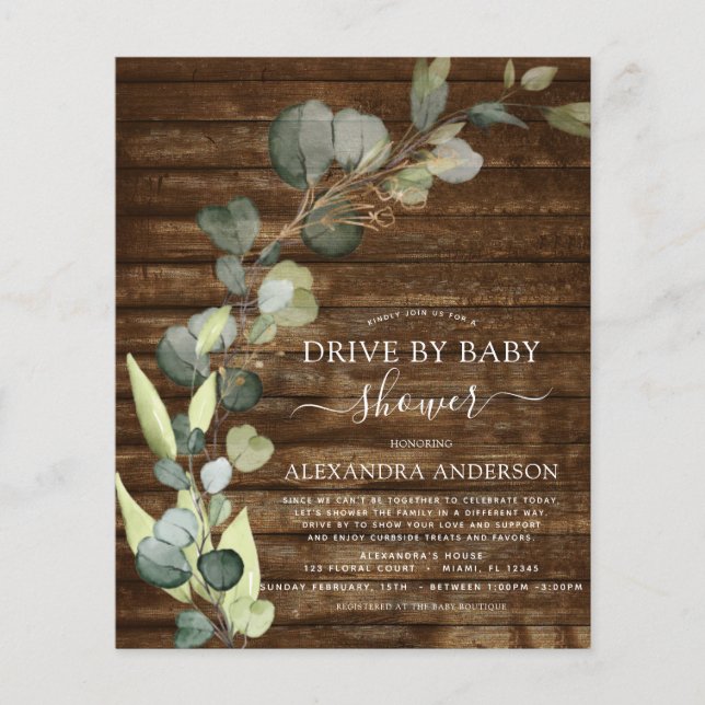 Budget Drive By Baby Shower Greenery Eucalyptus Flyer (Front)