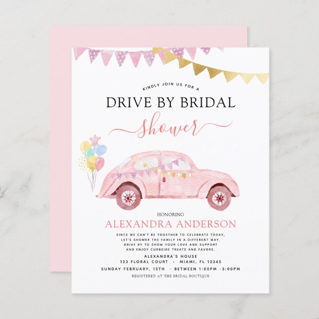 Budget Drive By Bridal Shower Blush Pink Gold Foil (Front/Back)