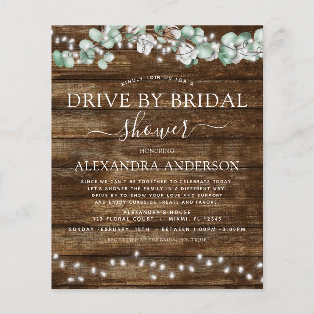 Budget Drive by Bridal Shower Eucalyptus Rustic (Front)
