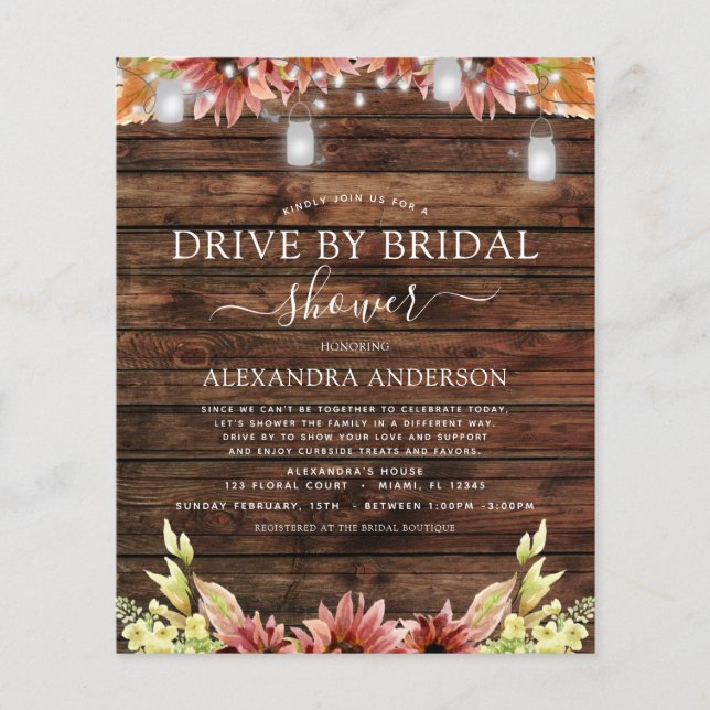 Budget Drive by Bridal Shower Rustic Sunflowers Flyer (Front)