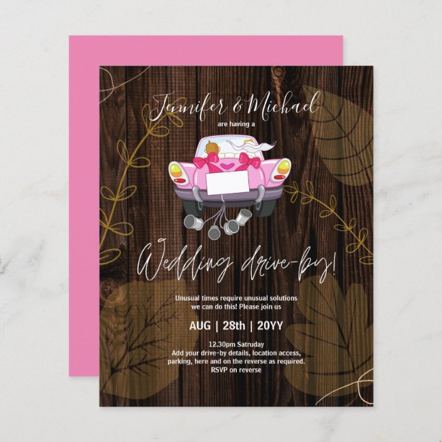 Budget Drive-BY Wedding Invites -Cartoon Couple (Front/Back)