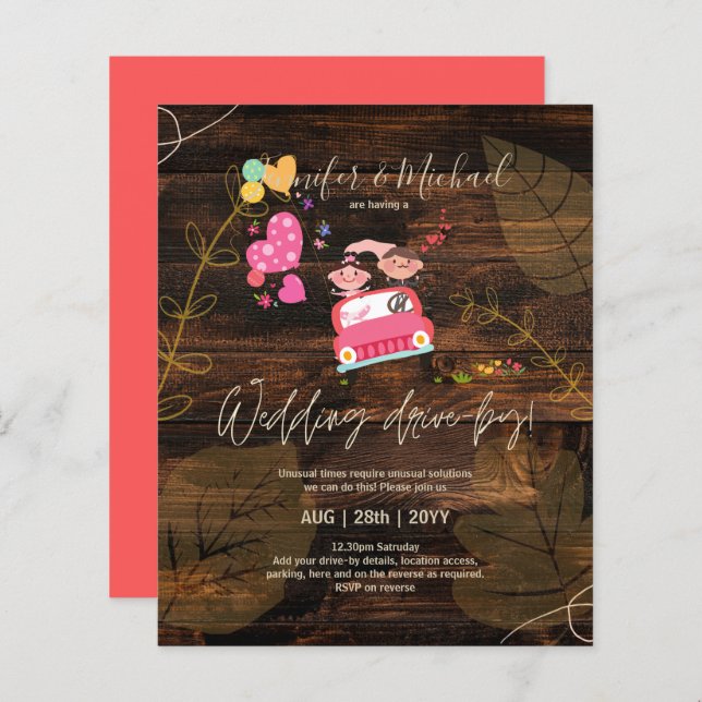 Budget Drive-BY Wedding Invites -Cartoon Couple (Front/Back)