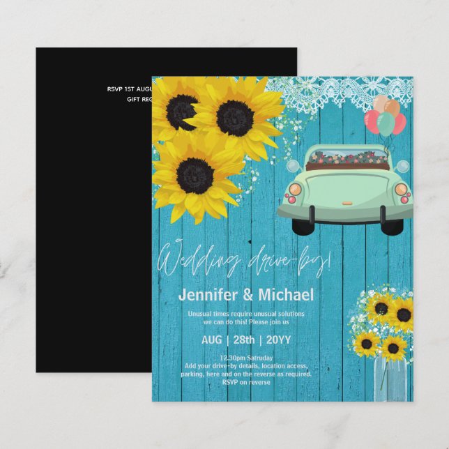Budget Drive-BY Wedding Invites -Cartoon Couple (Front/Back)