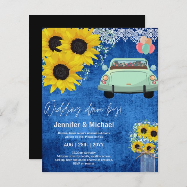 Budget Drive-BY Wedding Invites -Cartoon Couple (Front/Back)