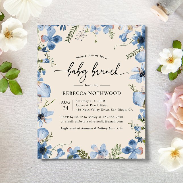 Budget Dusky Blue Flora Baby Brunch Invitation (Creator Uploaded)