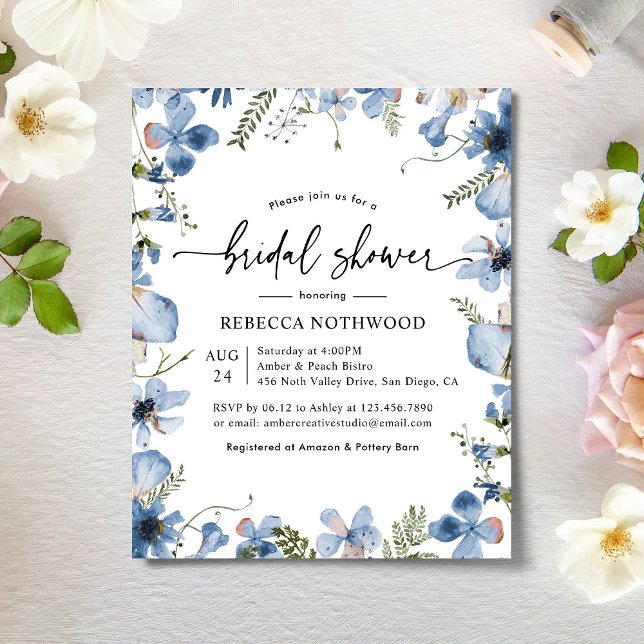 Budget Dusky Blue Florals Bridal Shower Invitation (Creator Uploaded)