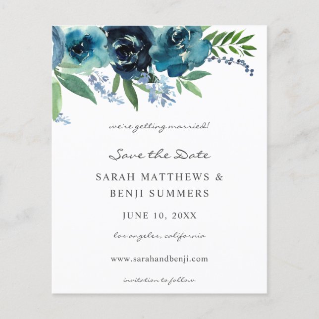 Budget Dusty Blue 2 Floral Save the Date 2 Flyer (Front)