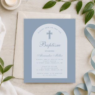 Budget Dusty Blue Arch Boy Baptism Invitation
