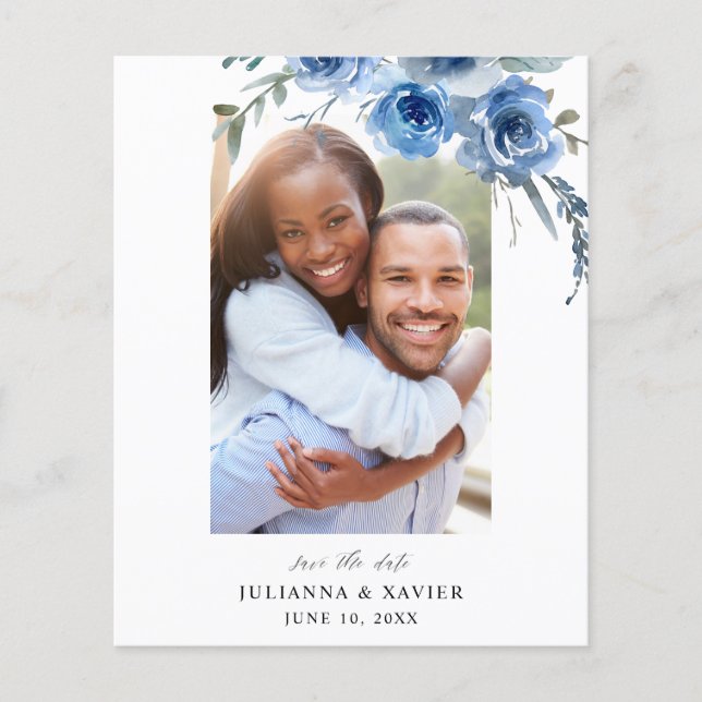Budget Dusty Blue & B Floral Save the Date Photo 2 Flyer (Front)