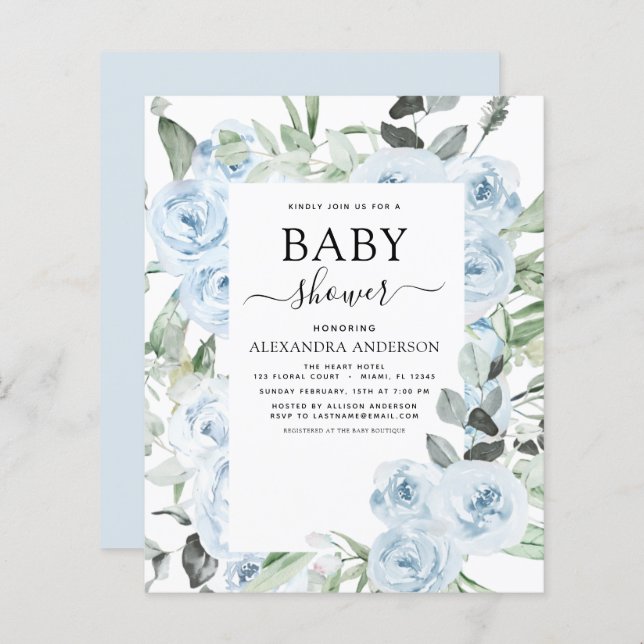 Budget Dusty Blue Baby Shower Floral Greenery (Front/Back)