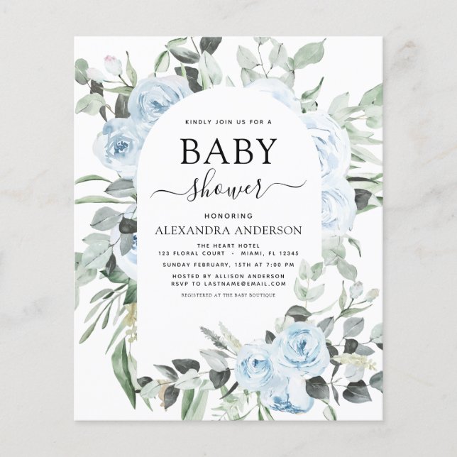 Budget Dusty Blue Baby Shower Floral Greenery Flyer (Front)
