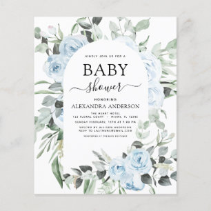 Budget Dusty Blue Baby Shower Floral Greenery Flyer