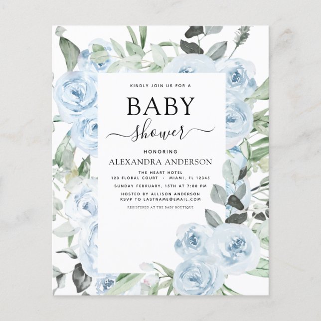 Budget Dusty Blue Baby Shower Floral Greenery Flyer (Front)