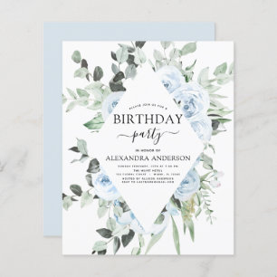 Budget Dusty Blue Birthday Party Floral Invitation
