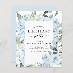 Budget Dusty Blue Birthday Party Floral Invitation