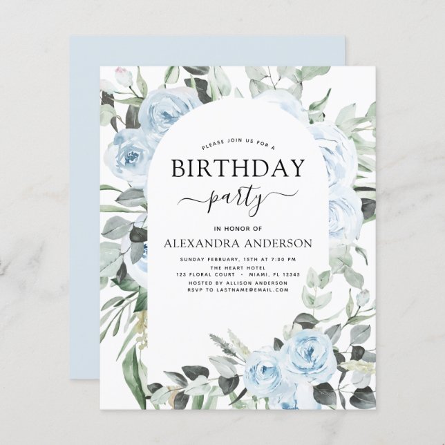 Budget Dusty Blue Birthday Party Floral Invitation (Front/Back)