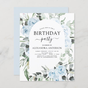 Budget Dusty Blue Birthday Party Floral Invitation