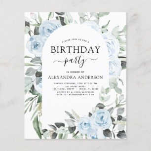 Budget Dusty Blue Birthday Party Floral Invitation Flyer