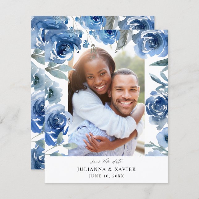 Budget Dusty Blue & Blu Floral Save the Date Photo (Front/Back)
