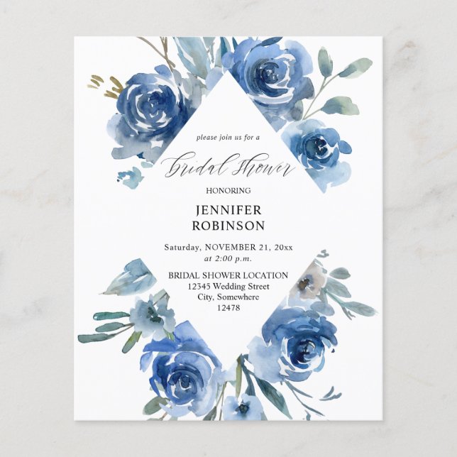 Budget Dusty Blue & Blue Bridal Shower Flyer (Front)
