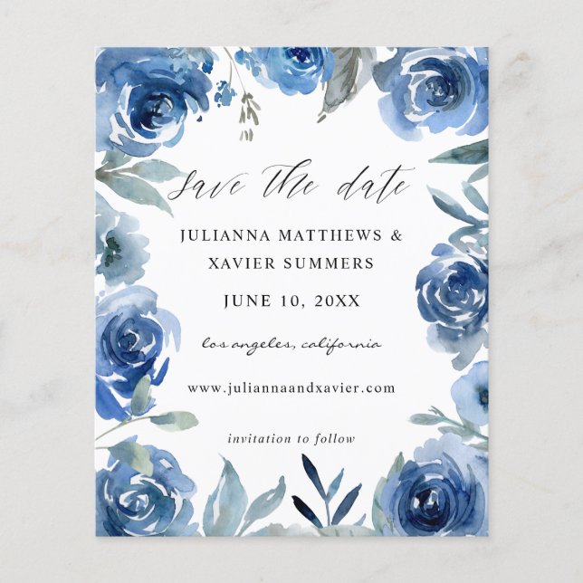 Budget Dusty Blue & Blue Floral Save the Date Flyer (Front)