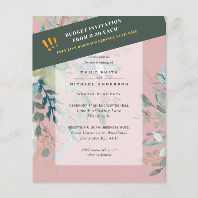 BUDGET Dusty Blue Blush Pink EUCALYPTUS Invitation Flyer (Front)