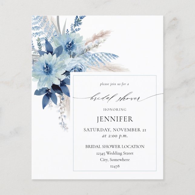 Budget Dusty Blue Boho Floral Bridal Shower 2 Flyer (Front)