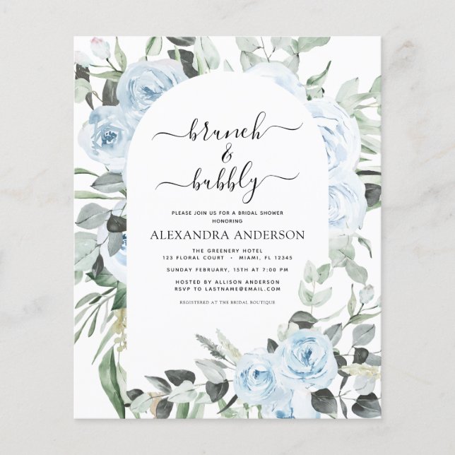 Budget Dusty Blue Brunch & Bubbly Bridal Shower Flyer (Front)