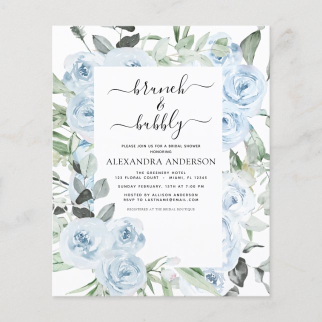 Budget Dusty Blue Brunch & Bubbly Bridal Shower Flyer (Front)