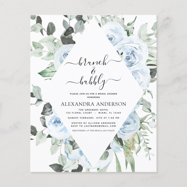 Budget Dusty Blue Brunch & Bubbly Bridal Shower Flyer (Front)