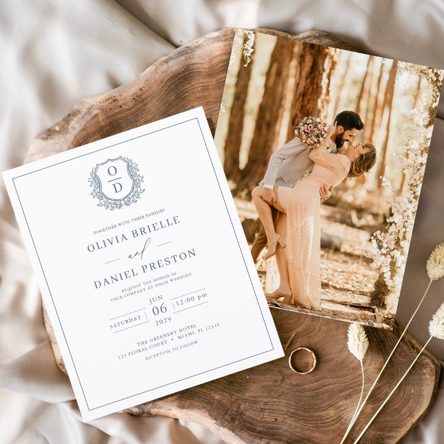 Budget Dusty Blue Crest Photo Wedding Invitation (Creator Uploaded)