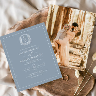 Budget Dusty Blue Crest Photo Wedding Invitation Flyer