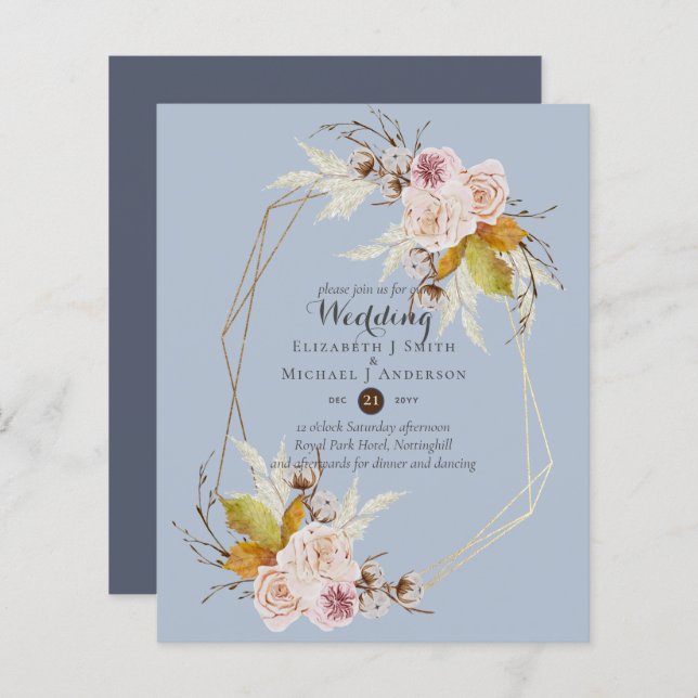 Budget Dusty Blue Fall Floral Wedding Invites (Front/Back)